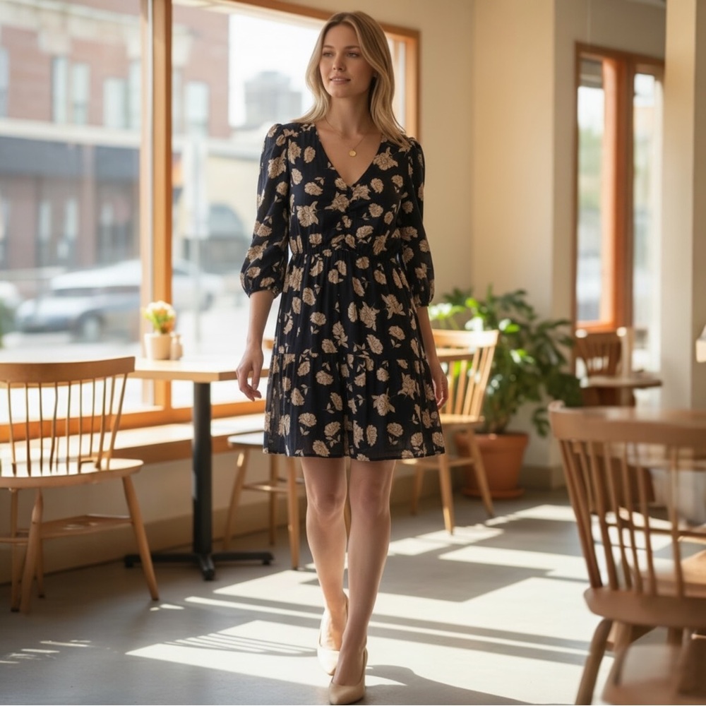 Women's Navy Floral V-Neck Tiered Dress
